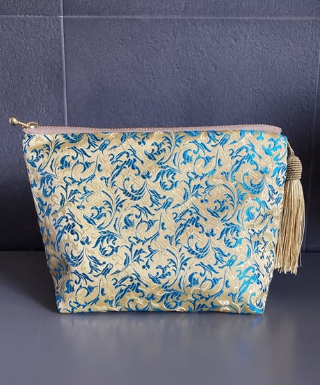 ポーチ【 イエロー × ブルー 】 タッセル : ゴールド　日本製  ハンドメイド オリエンタル 化粧ポーチ 雑貨 インテリア   プレゼント【送料無料】