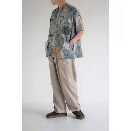 ANACHRONORM AN224 ARCHIVE DENIM COLLAGE STAND COLLAR S/S COVERALL SHIRTS INDIGO