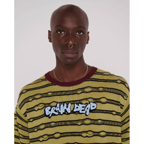 BRAIN DEAD EMBROIDERED PUCKERED STRIPED T-SHIRT - LIME