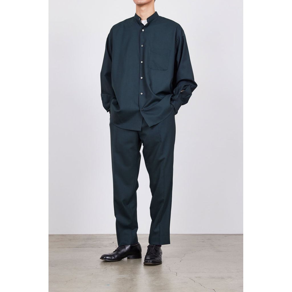 MARKAWARE オーガニックウール バンドカラーシャツ　OliveCheck MARKAWARE ORGANIC WOOL TROPICAL COMFORT FIT BAN