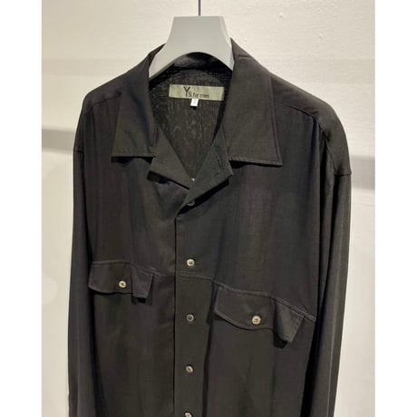 Y's for men CELLULOSE LAWN PANEL OPEN COLLAR SHIRT（BLACK）