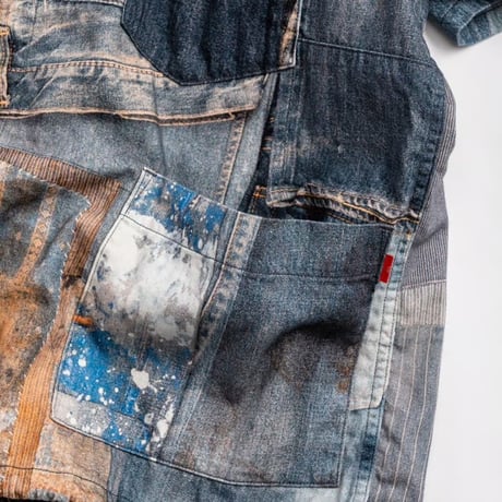 ANACHRONORM AN224 ARCHIVE DENIM COLLAGE STAND COLLAR S/S COVERALL SHIRTS INDIGO
