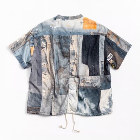 ANACHRONORM AN224 ARCHIVE DENIM COLLAGE STAND COLLAR S/S COVERALL SHIRTS INDIGO