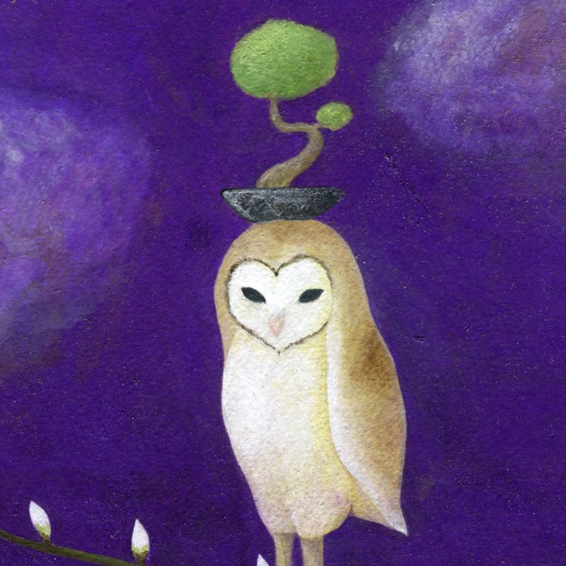 花待ち盆栽フクロウ（原画） 画家：斎藤雨梟 | 心しか泊まれないホテル