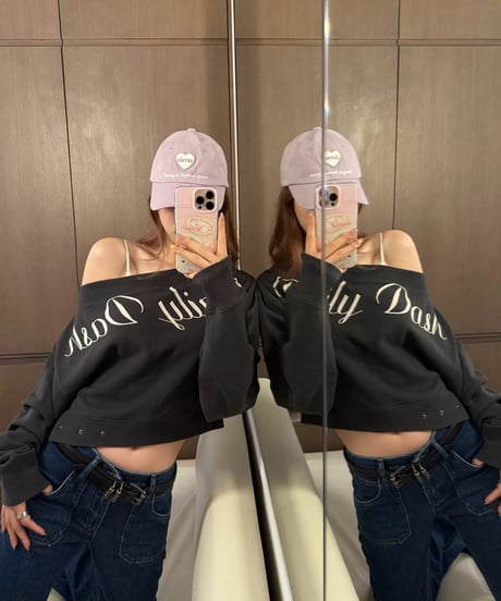 Letter Print Off shoulder Sweat + Drawstring Pants【Dark Gray】