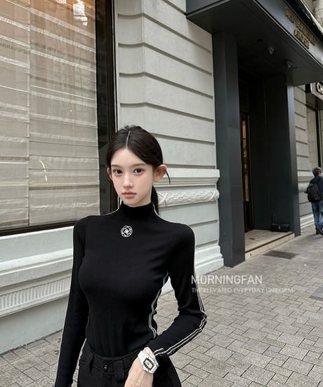 Embroidery Turtleneck Knit Top【Black】