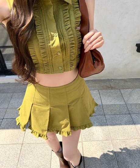 Ruffle cropped Vest + Pleated Mini Skirt 【Green】