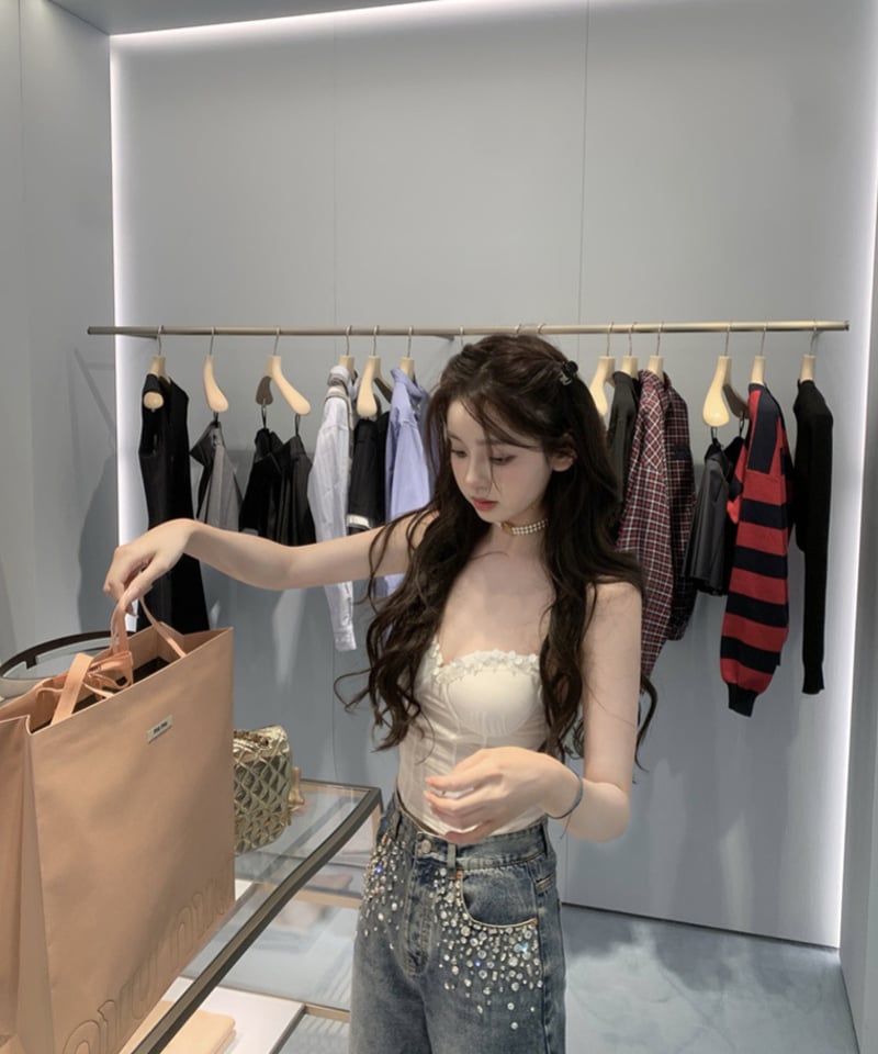 Feminine Bijou Denim Pants | glancetokyo