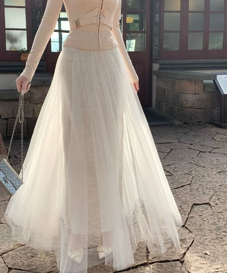 Elegant Mesh Pleate Long Skirt
