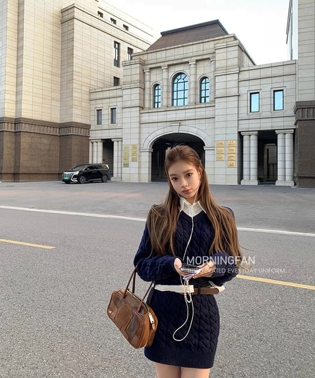 Fake 2piece Shirt Knit Sweater & Belt Cable Knit Skirt【Navy】