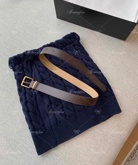 Fake 2piece Shirt Knit Sweater & Belt Cable Knit Skirt【Navy】