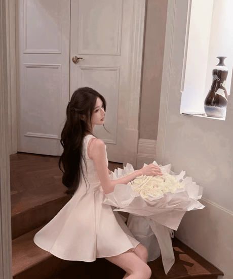 V-Neck White Ribbon Dress