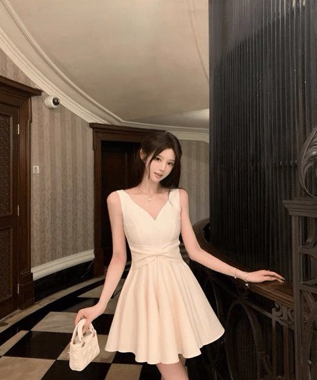 V-Neck White Ribbon Dress