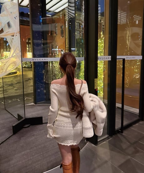 Off Shoulder Hollow Knit OP