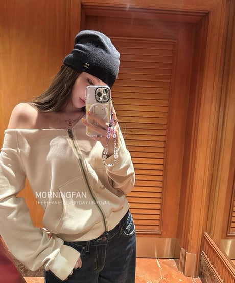 One Shoulder Zip Hoodie【Beige】