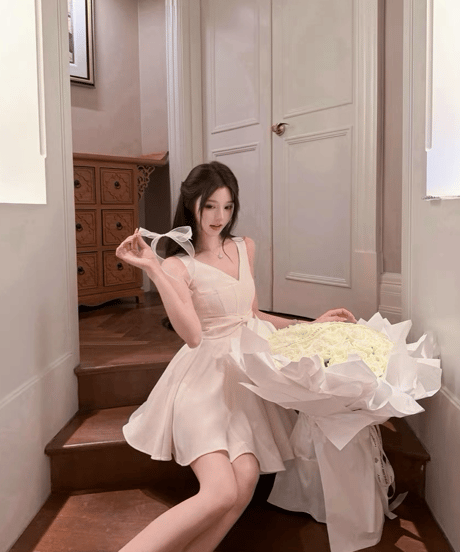 V-Neck White Ribbon Dress