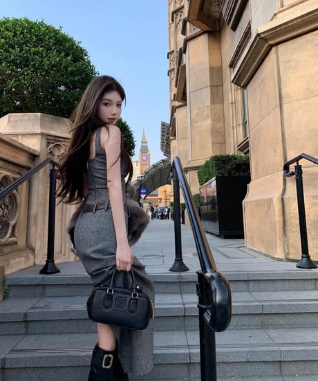 Gray Herringbone Wool Vest + Back Slit Long Skirt