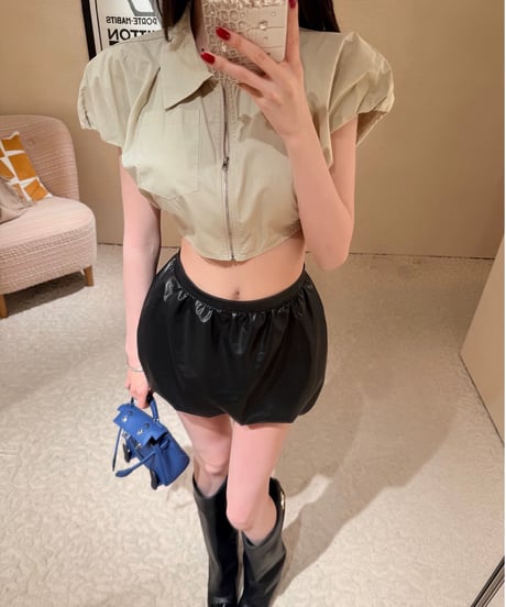 Puff-Sleeve Short Shirt+Leather Tulip Skirt