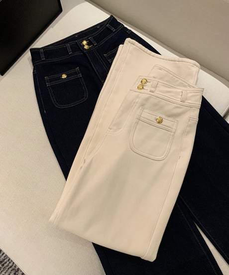high-Waist Buckle Denim Pants