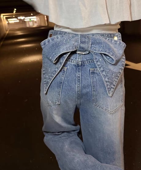 Ribbon Rhinestone Denim Pants