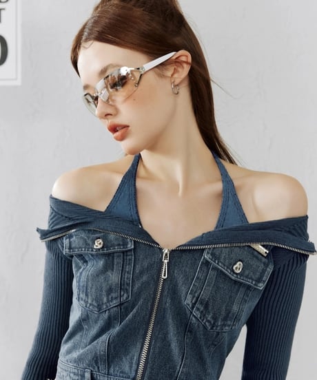 Denim Switching Zip Knit
