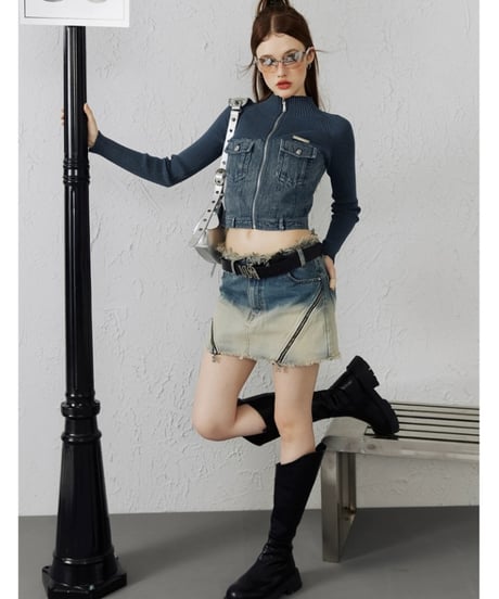 Denim Switching Zip Knit