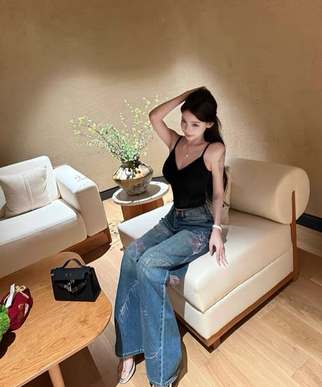 Leaf Rhinestone Denim Pants
