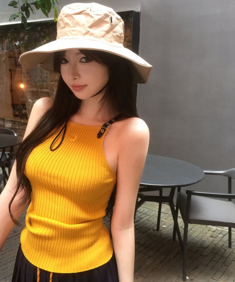 【在庫あり3-5日配送】Embroidery Leather Strap Rib Tops【Yellow】