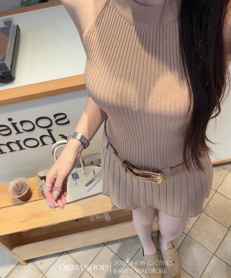 Halter Neck Belt Knit Dress【ベルト付き】