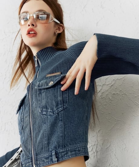 Denim Switching Zip Knit