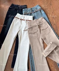 High-Waist Belt Flare Denim Pants【ベルト付き】