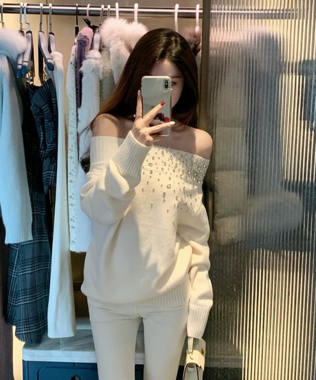 Rhinestone Off Shoulder Knit