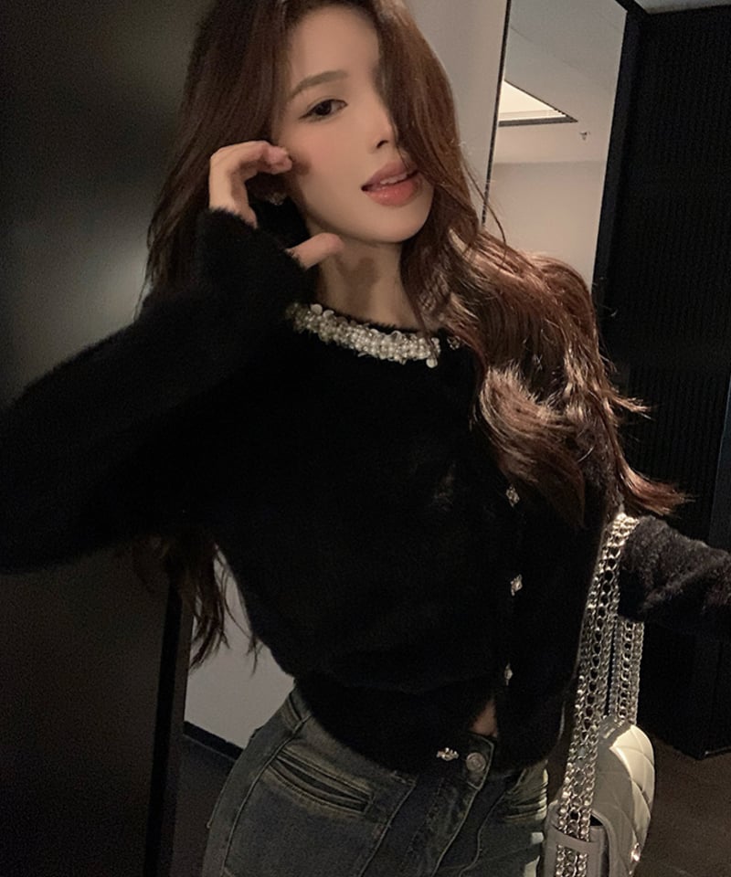 ダイアグラム ツイードニットブルゾン 36 ブラック Diamond Knit Cardigan&Silver Tweed Skirt | glan
