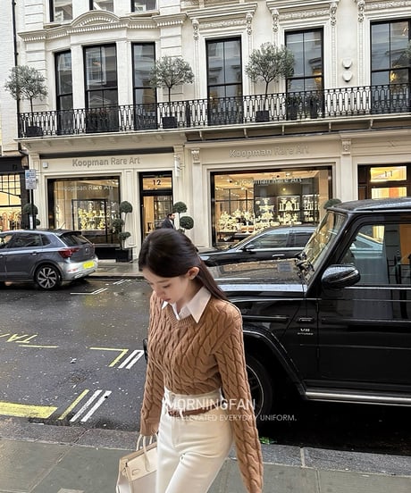 Fake 2piece Shirt Knit Sweater & Belt Cable Knit Skirt【Brown】