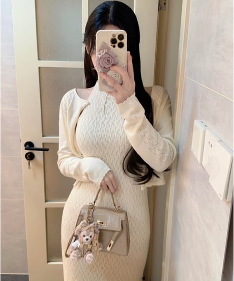 Elegant Diamond Knit Dress+Cardigan