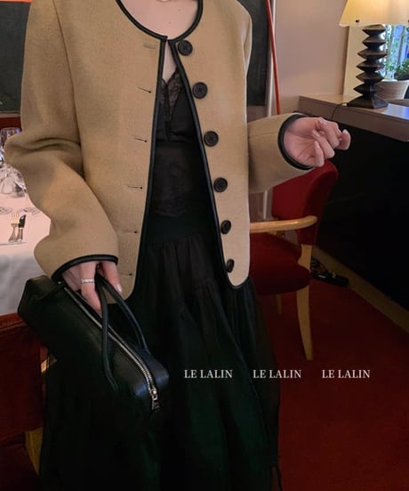 Piping Leather  Wool Jacket