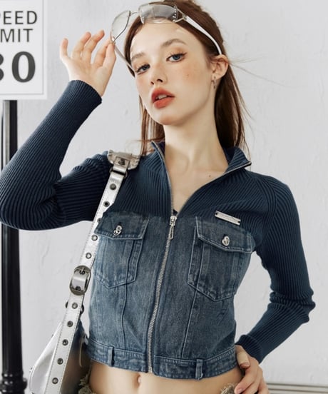Denim Switching Zip Knit