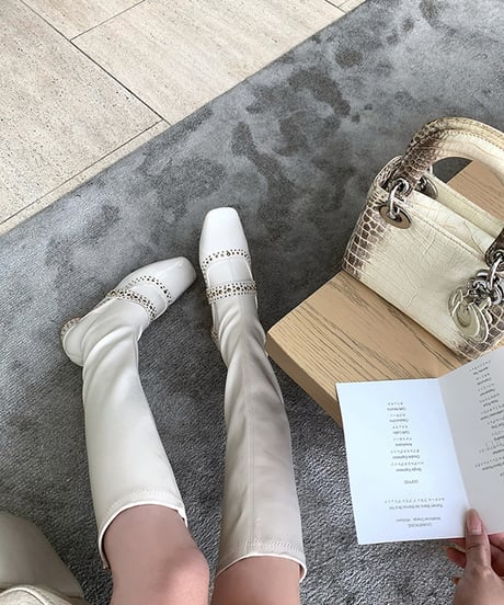 Studs White  Long Boots