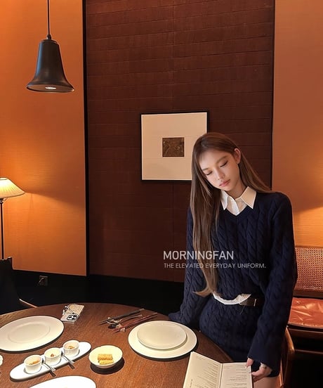 Fake 2piece Shirt Knit Sweater & Belt Cable Knit Skirt【Navy】