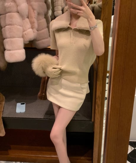 Fur Collar Polo Knit Sweater