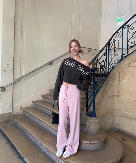 Letter Print Off shoulder Sweat + Drawstring Pants【Dark Gray】