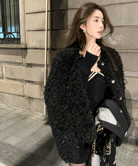 Black Sparkling Fur Coat Jacket