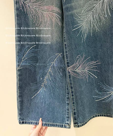 Leaf Rhinestone Denim Pants