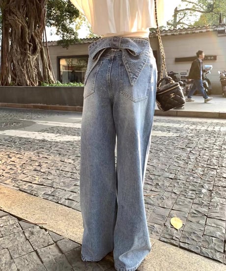 Ribbon Rhinestone Denim Pants