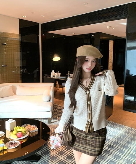 College Knit Cardigan & Check Skirt
