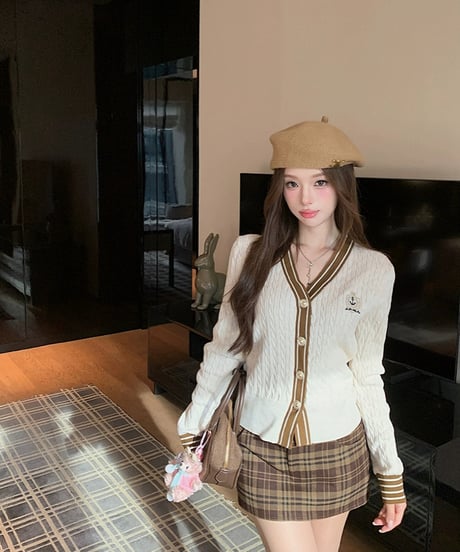 College Knit Cardigan & Check Skirt