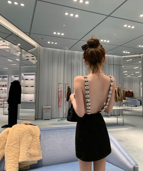 Rhinestone studs Backless Suspender Dress