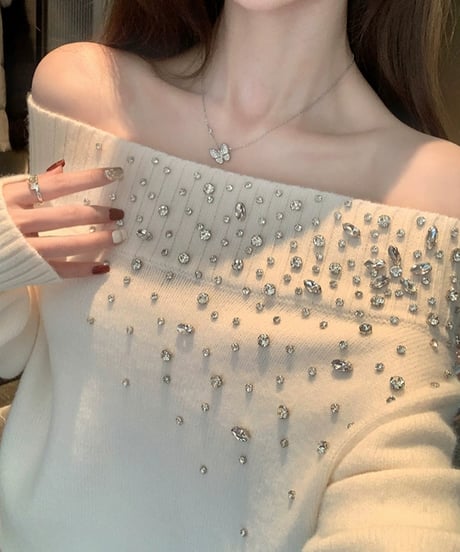 Rhinestone Off Shoulder Knit