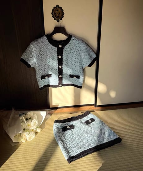 Grid Texture Knit Setup【Blue】