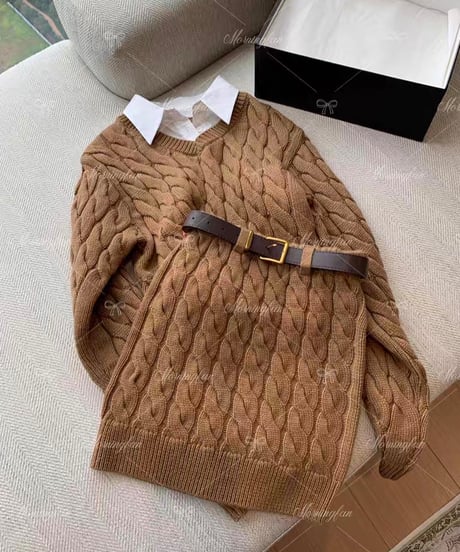 Fake 2piece Shirt Knit Sweater & Belt Cable Knit Skirt【Brown】